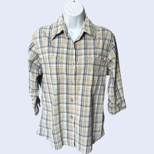 Casey & Max plaid button front shirt beige/blue 3/4 sleeve collared 90s Y2K